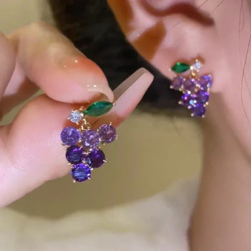 Purple Rhinestone Grape Pendant Stud Earrings Fashion