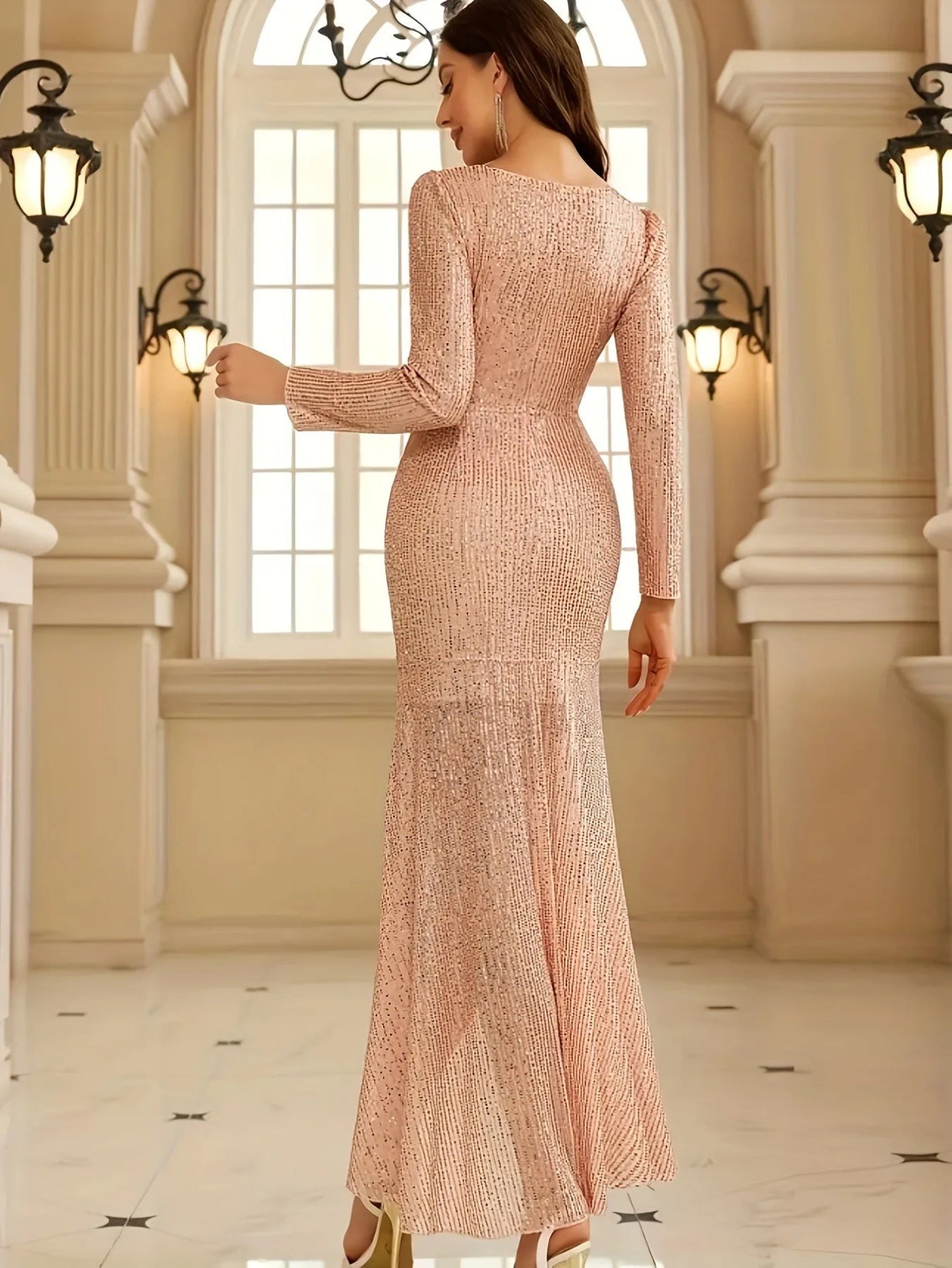 Champagne Sequined V Neck Ankle Length Evening Dress