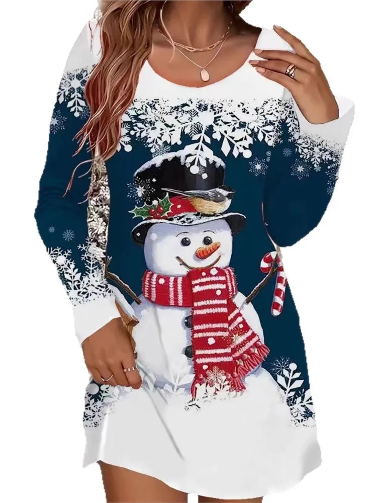 Women's Christmas Casual Snowflake And Christmas Tree Print Dress