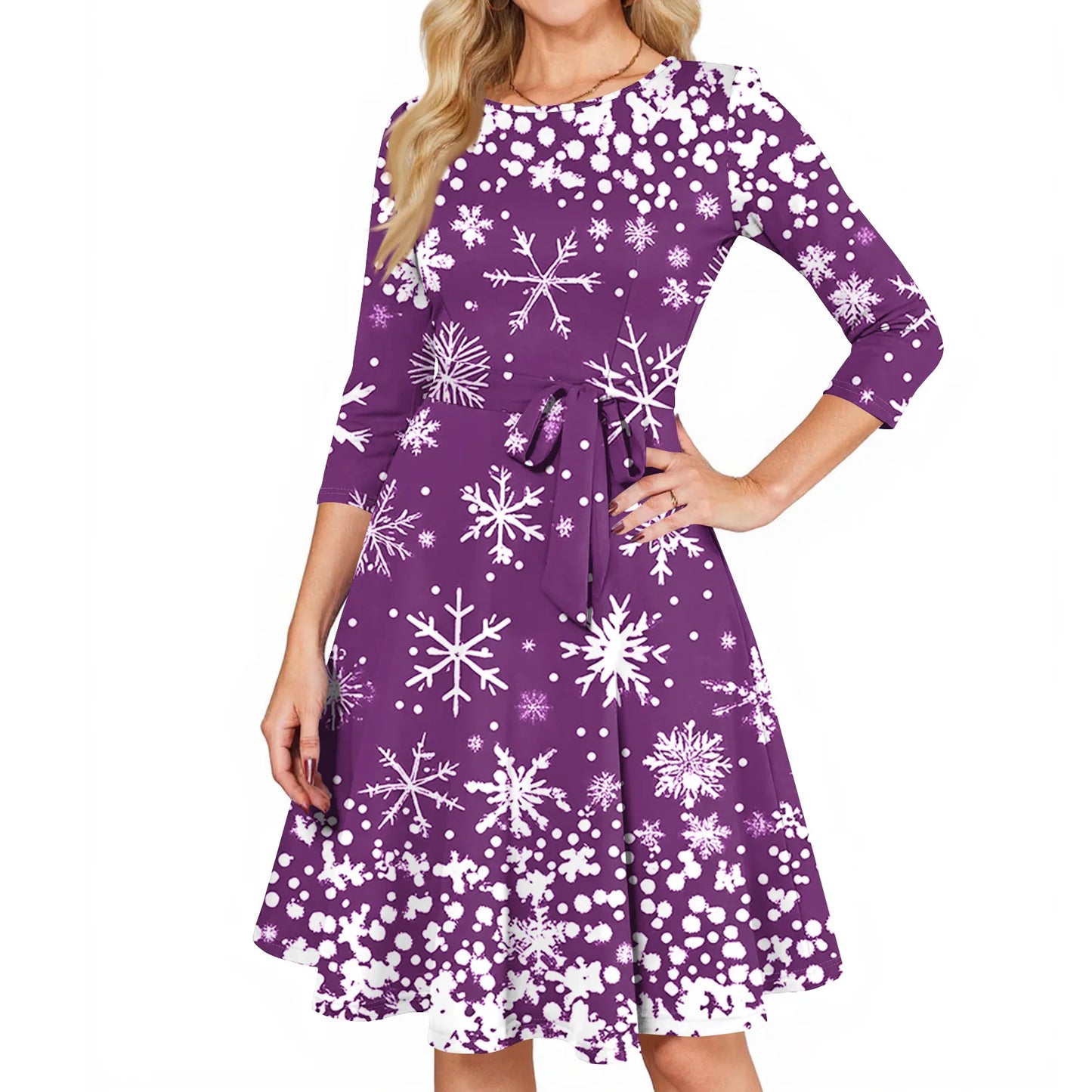 Women's A Line O Neck Polyester Dress Christmas Print Slim