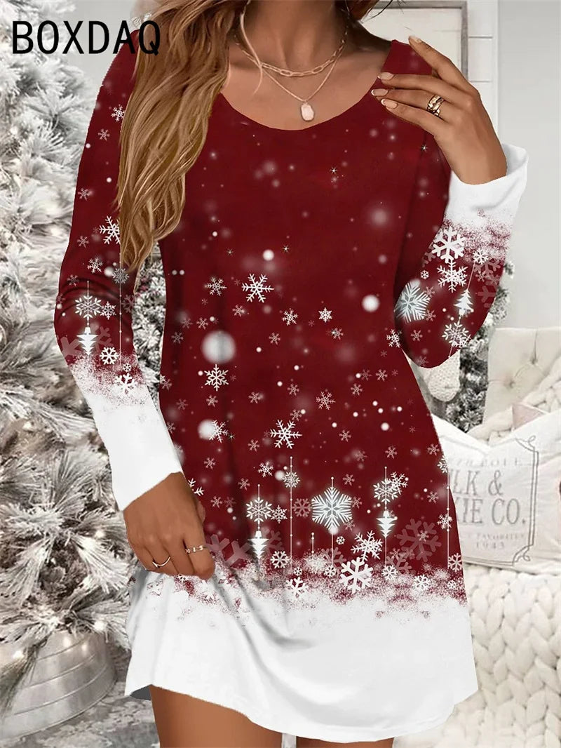 Womens Red Christmas Deer Print Mini Dress Polyester