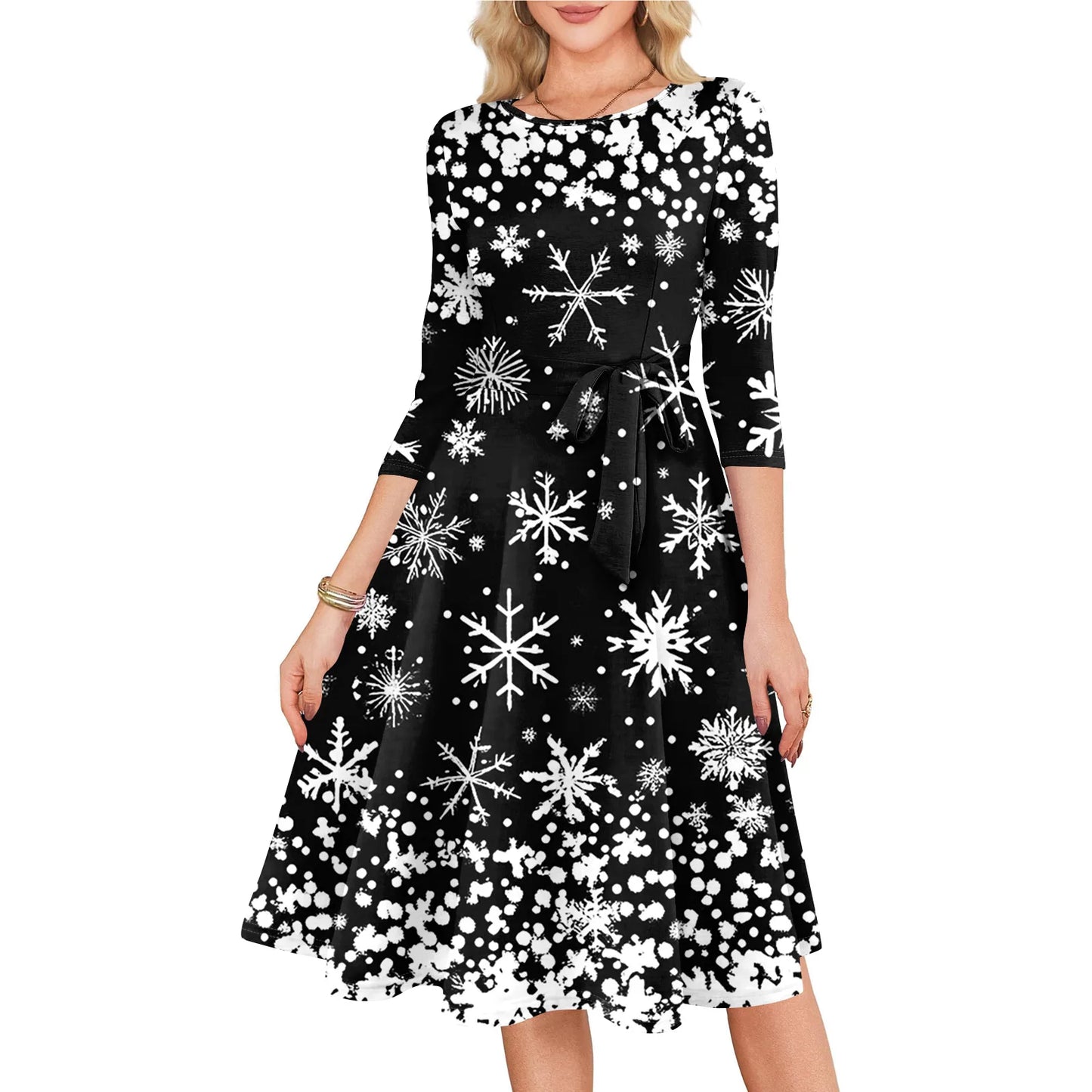 Women's A Line O Neck Polyester Dress Christmas Print Slim
