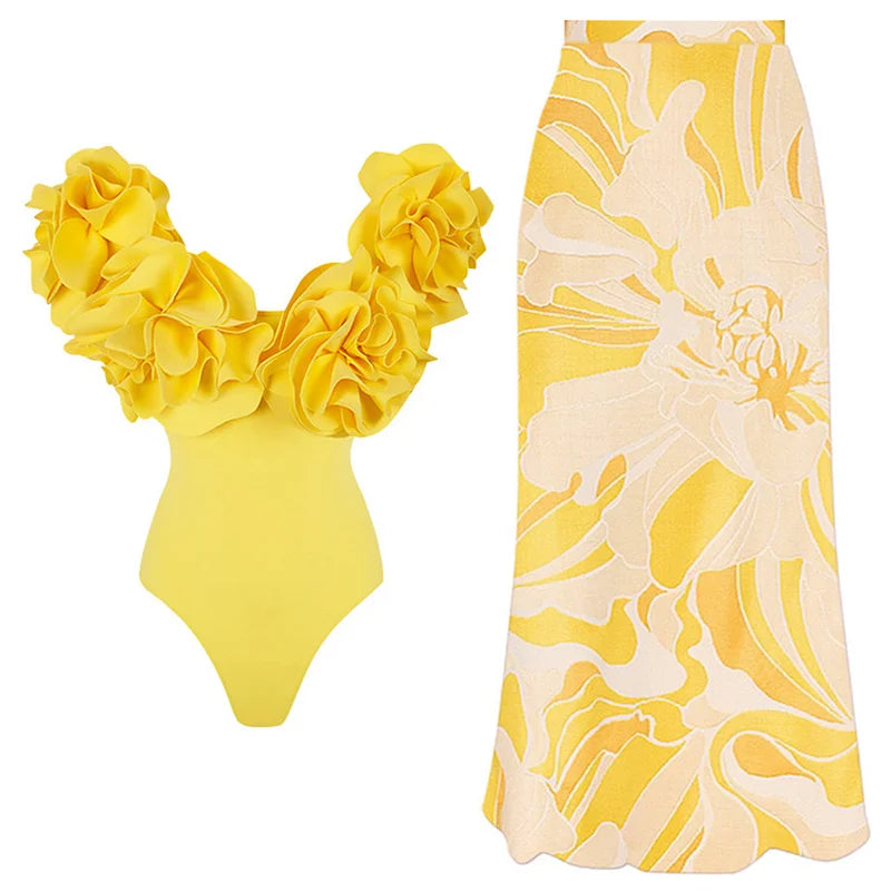 Flower Ruffle Swimsuit With Cover Up V Neck Bikini