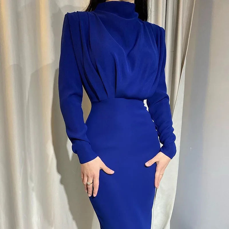 Blue Bodycon Midi Dress With Turtleneck Long Sleeve