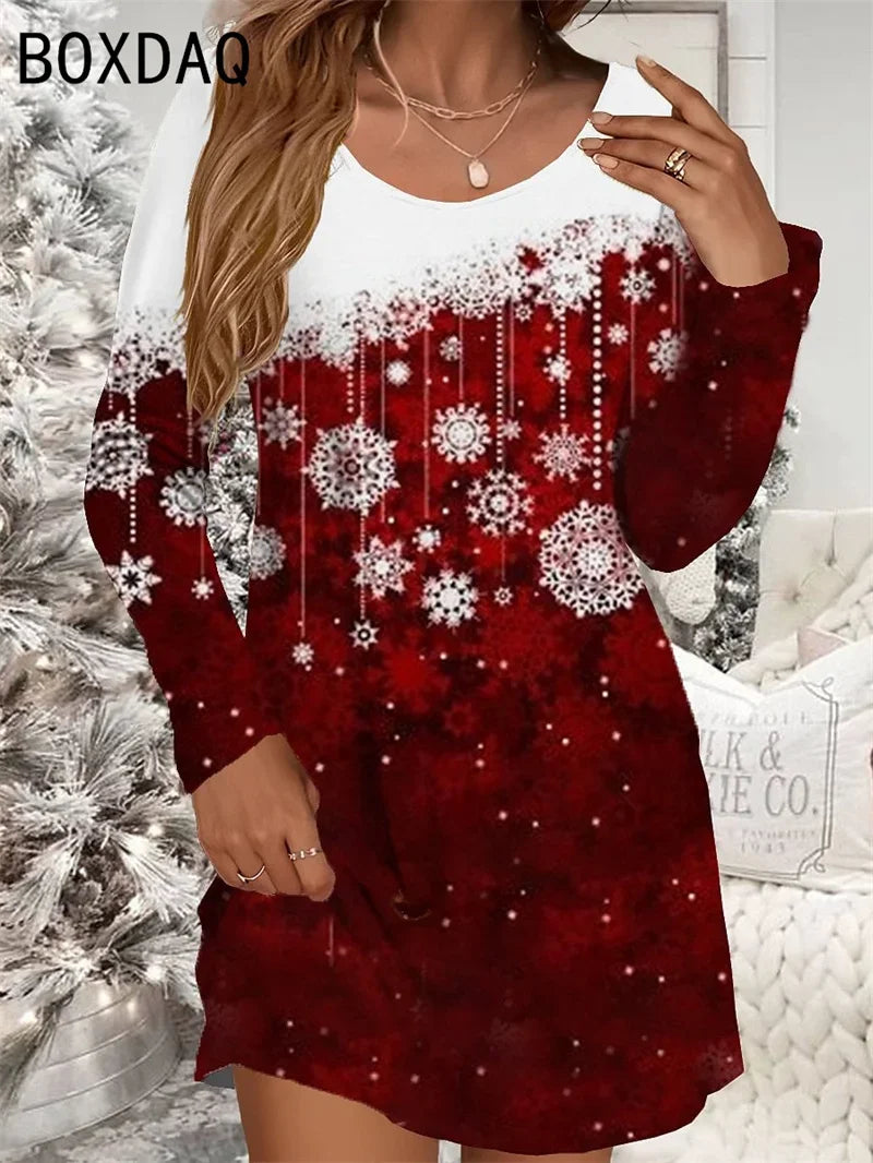 Womens Red Christmas Deer Print Mini Dress Polyester