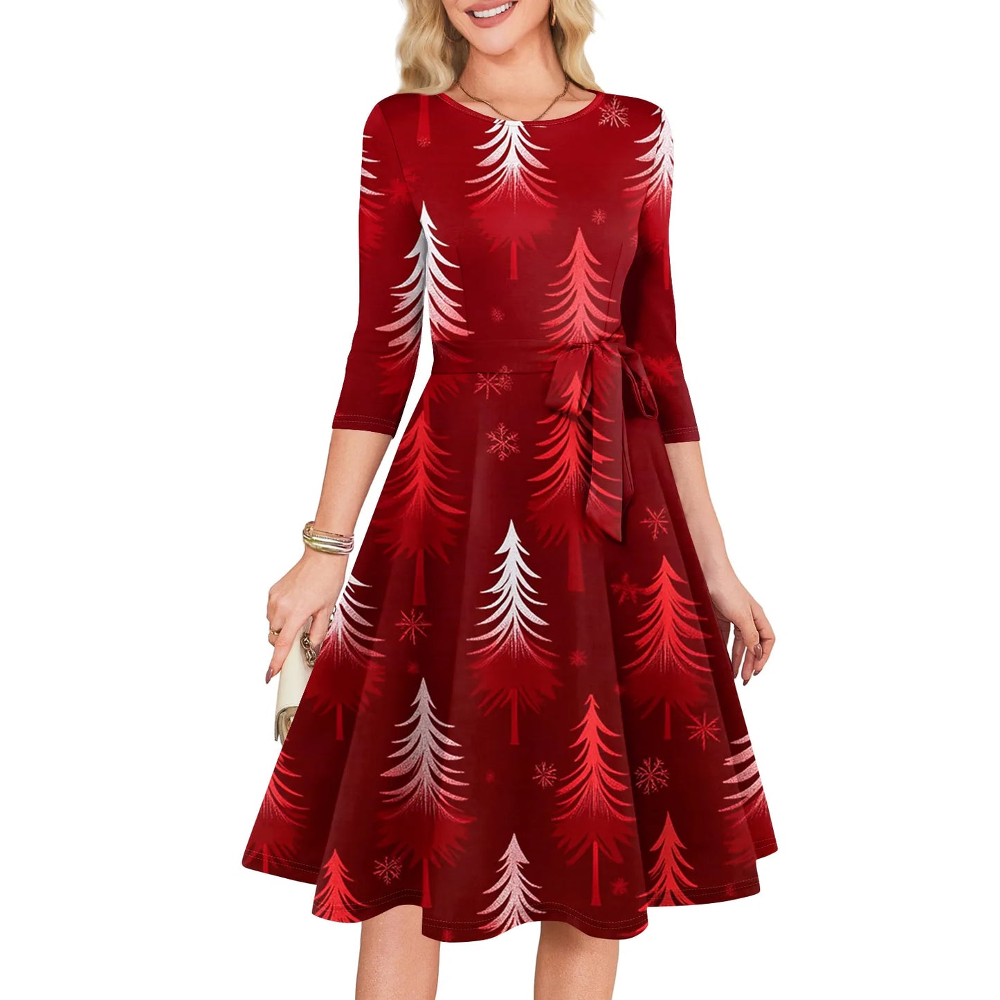 Women's A Line O Neck Polyester Dress Christmas Print Slim