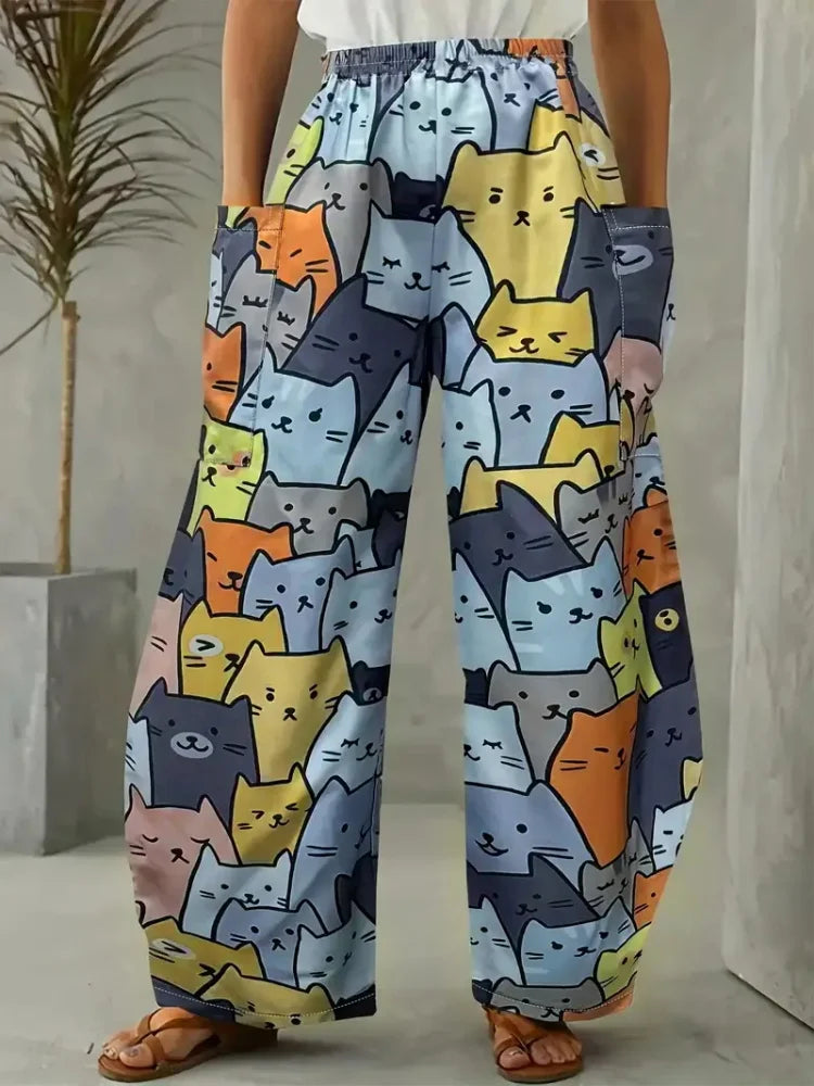 Women's Loose Bloomers Cartoon Cat Print Polyester Pants