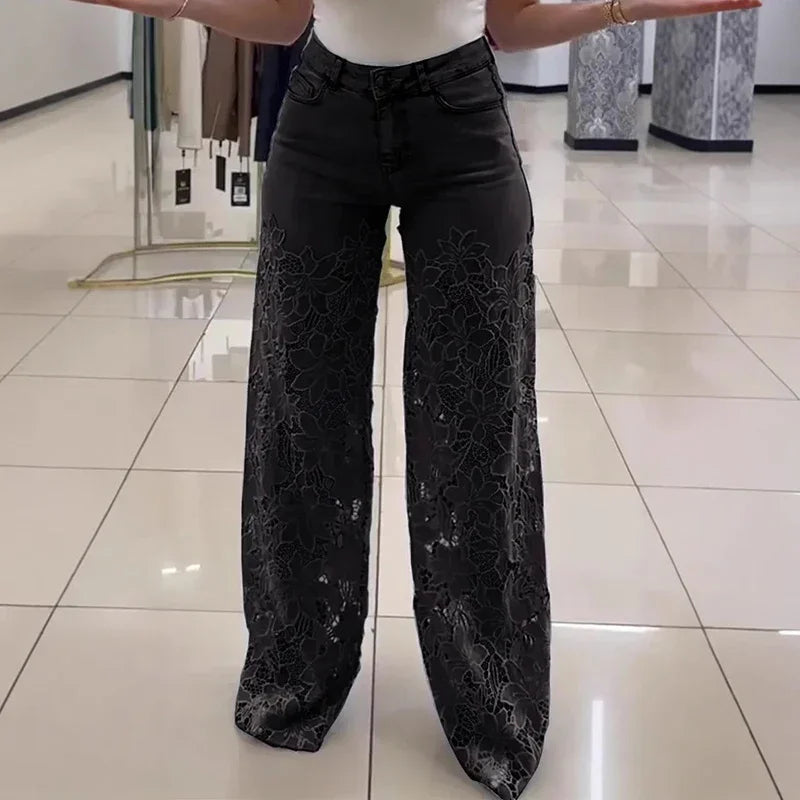 Lace Hollow Jeans High Waist Wide Leg Crochet Spliced