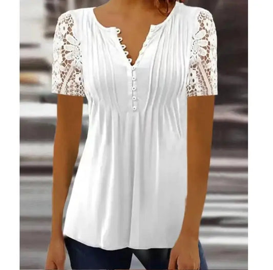 Floral Lace V-Neck Blouse – Loose Fit Summer Short Sleeve Shirt