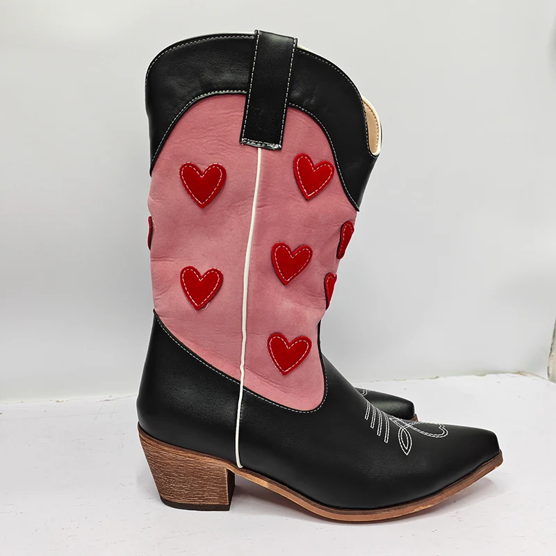 Black With Pink Valentine Heart Mid Calf Western Cowgirl Boots For Women & Teens