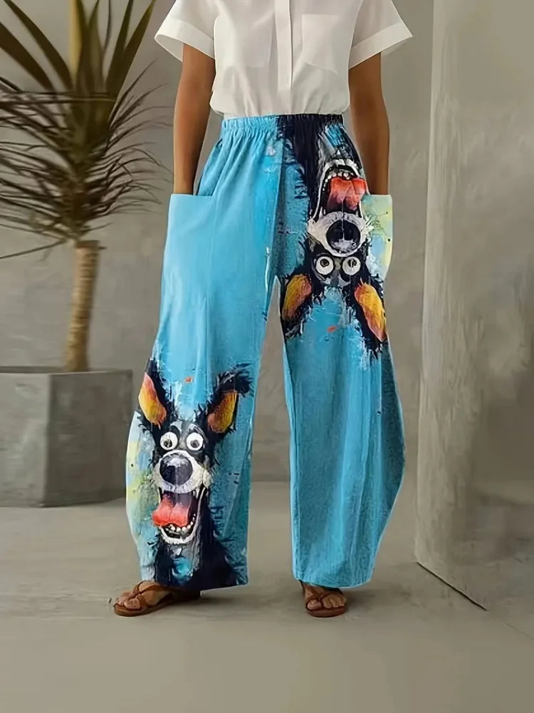 Women's Loose Bloomers Cartoon Dog Animal Print Polyester Pocket