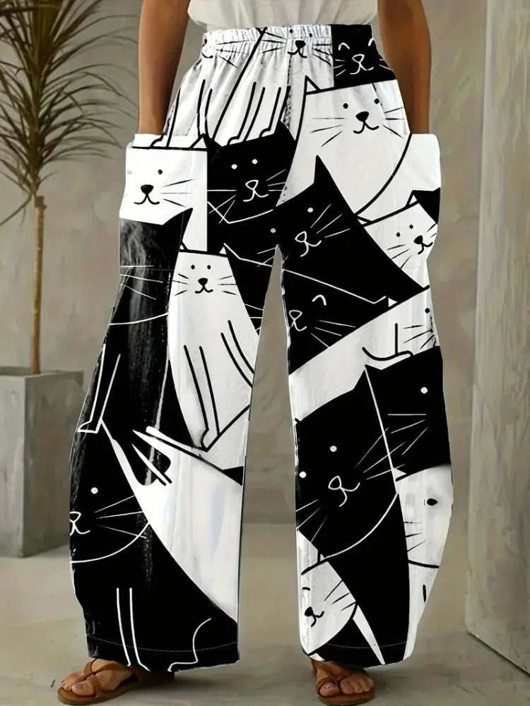 Women's Loose Bloomers Cartoon Cat Print Polyester Pants