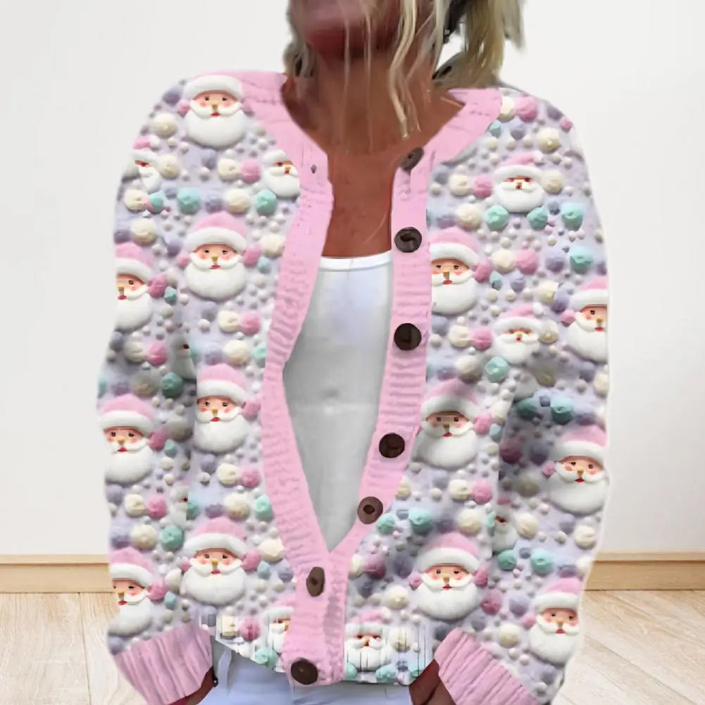 Cardigan Coat Round Neck Festive 3D Christmas Print Jacket