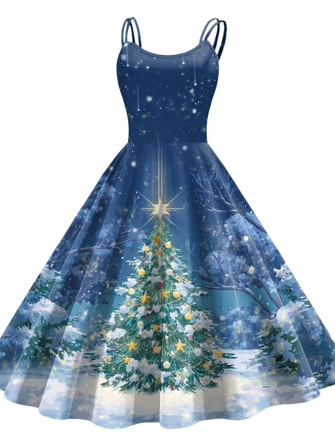 Retro Paint Print Christmas Tree Sleeveless Midi Dress