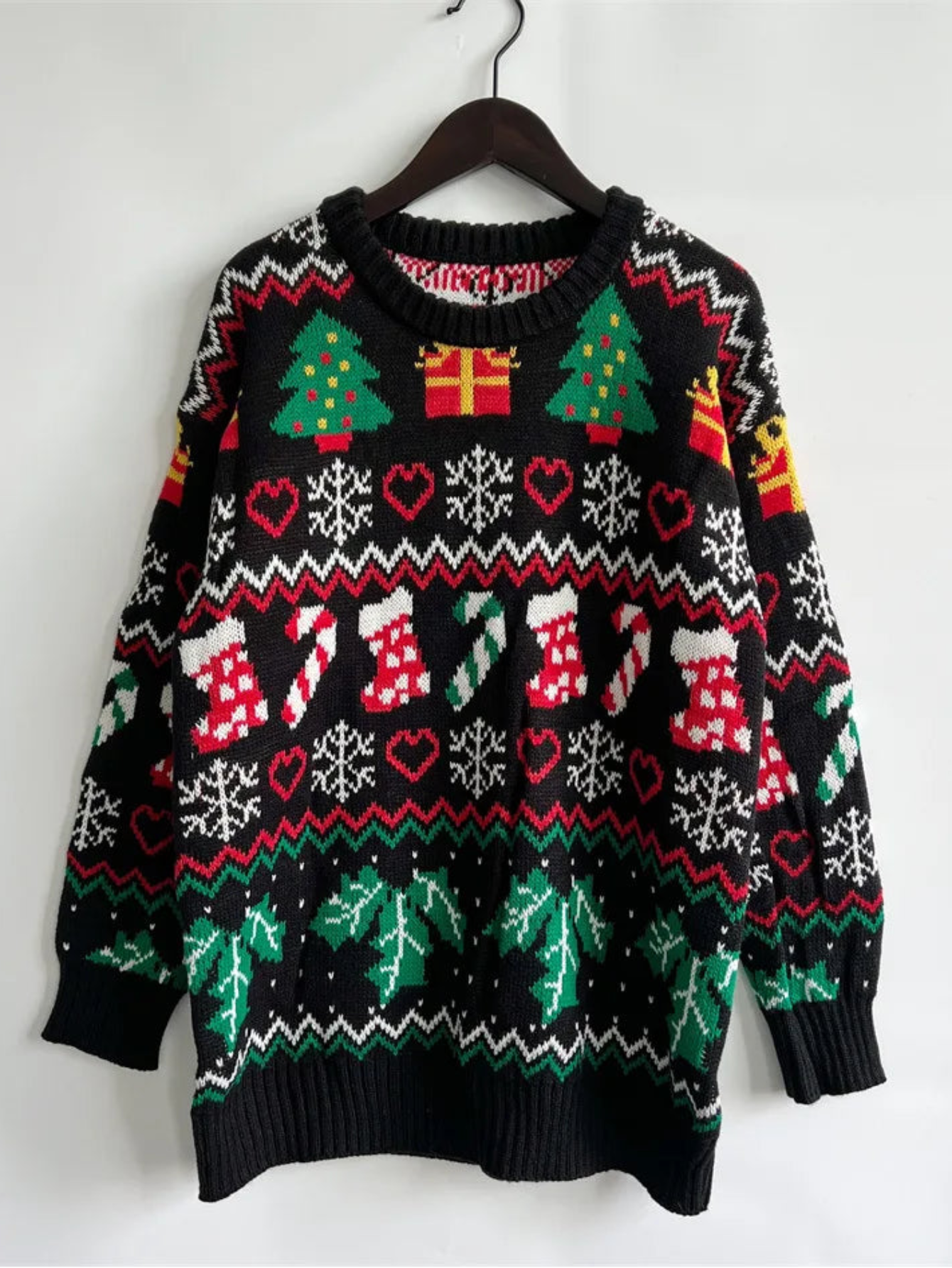 Christmas Snowflake, Trees, Stockings Long Knitted Sweater