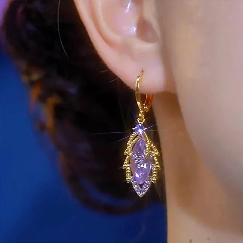 Rhinestone Leaves Pendant Earrings Gold Color Jewelry