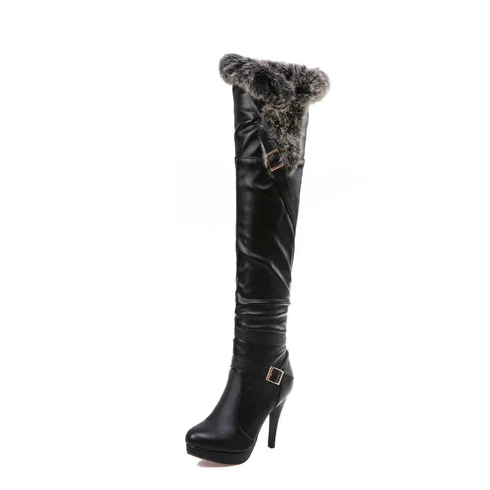 PU Leather Platform Over Knee Boots For Women Warm Winter