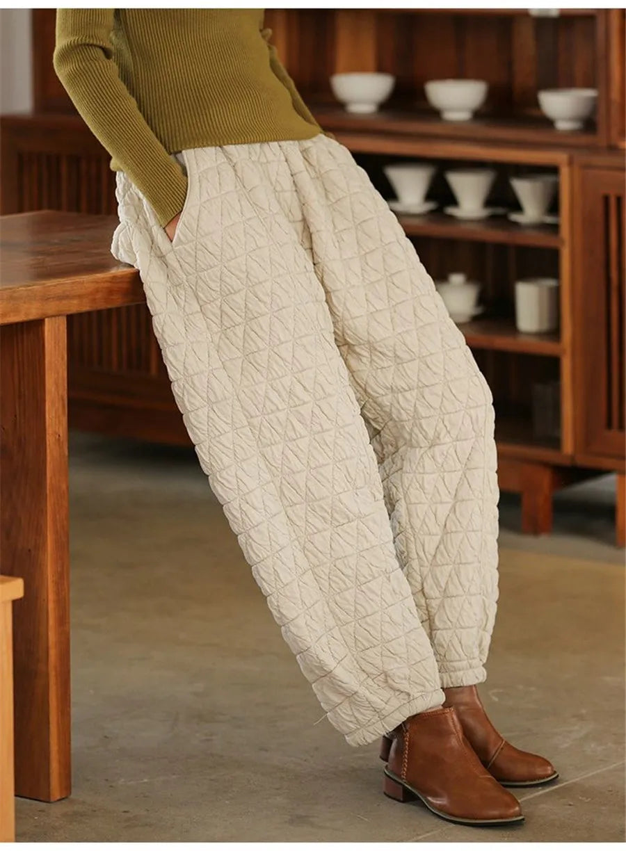 Womens Loose Quilted Cotton Harem Pants Solid High Waist