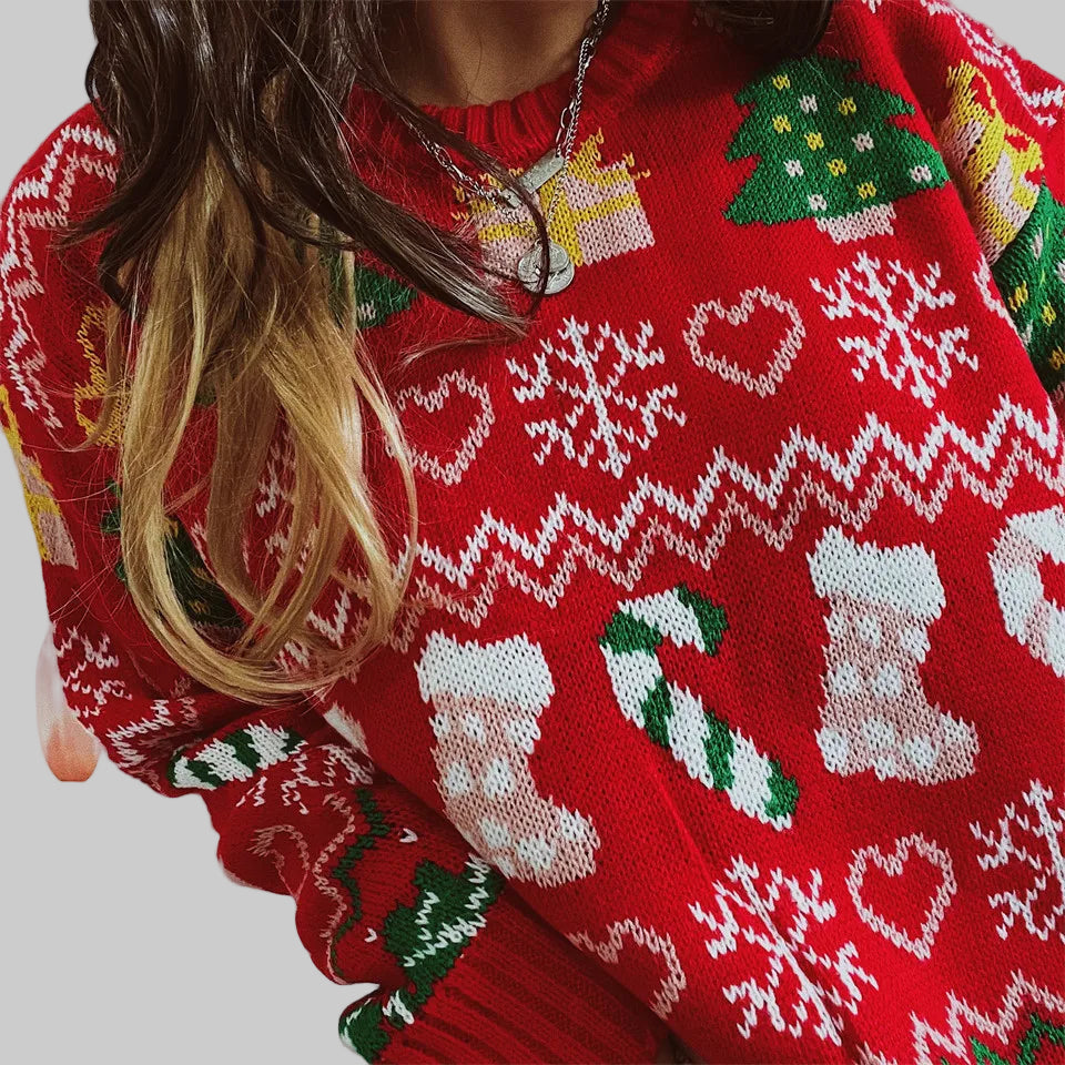 Christmas Snowflake, Trees, Stockings Long Knitted Sweater