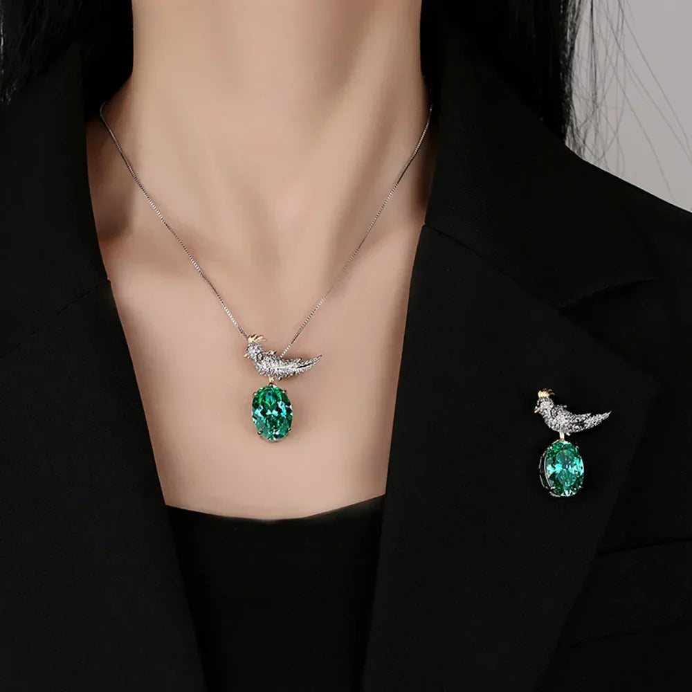 Green Tourmaline Gemstone Magpie Pendant Necklace Brooch Set