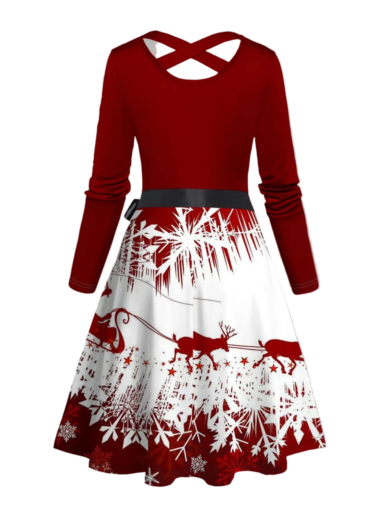 Women's A-Line Midi Christmas Snowflake Elk Sleigh Ride Print Crisscross Bowknot Belted Dress