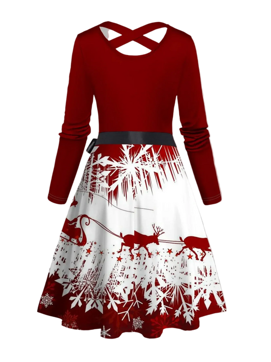 Women's A-Line Midi Christmas Snowflake Elk Sleigh Ride Print Crisscross Bowknot Belted Dress