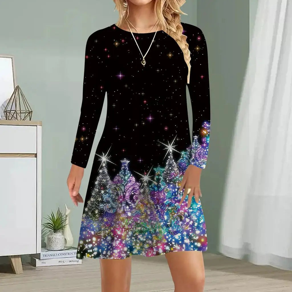 Womens Red Christmas Deer Print Mini Dress Polyester