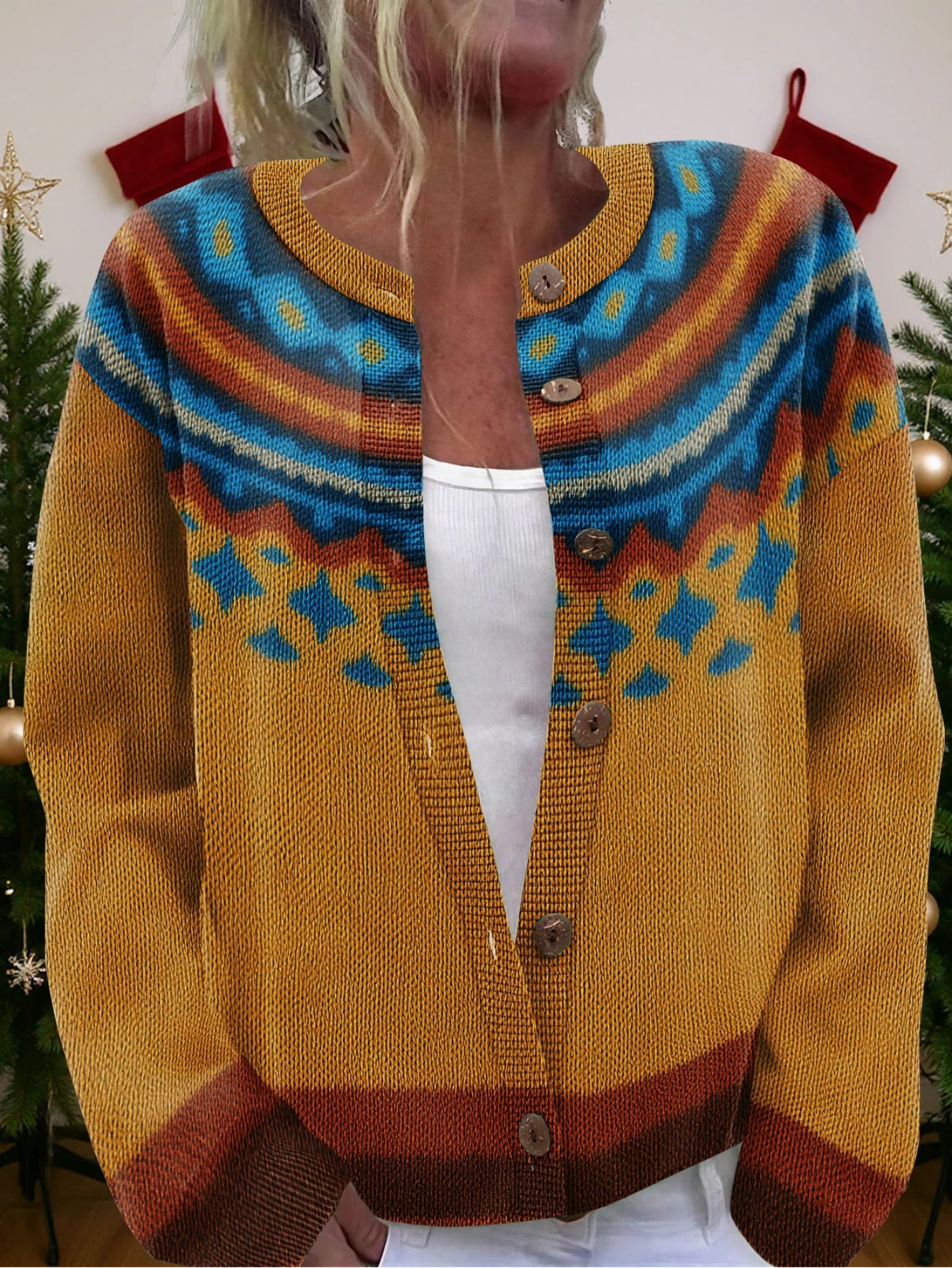 Southwestern Style Christmas Printed Knitted Cardigan