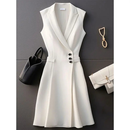 Tailored Sleeveless V Neck Coat Dress For Women Knee Length