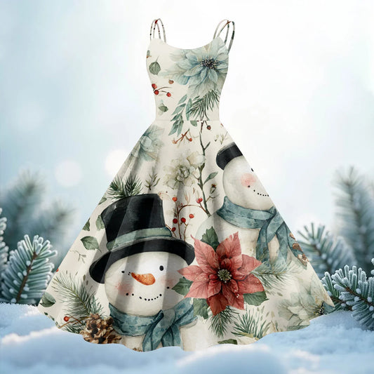 Women Christmas Print Spaghetti Strap Polyester Dress