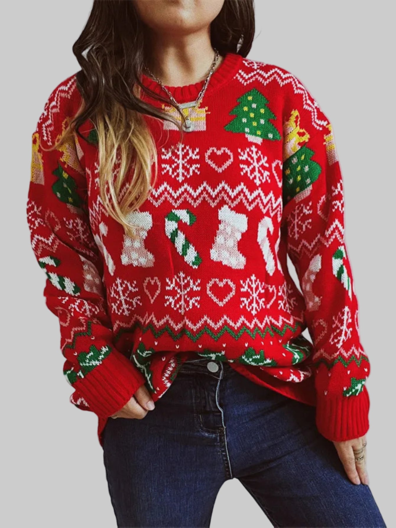 Christmas Snowflake, Trees, Stockings Long Knitted Sweater