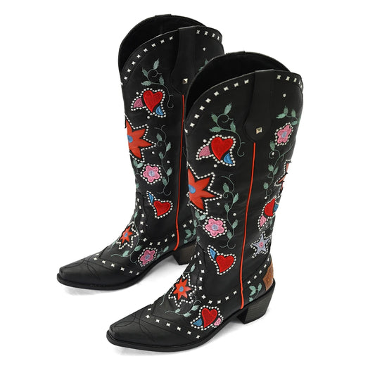 Women’s Valentine Heart Embroidered Vintage Western Knee-High Boots