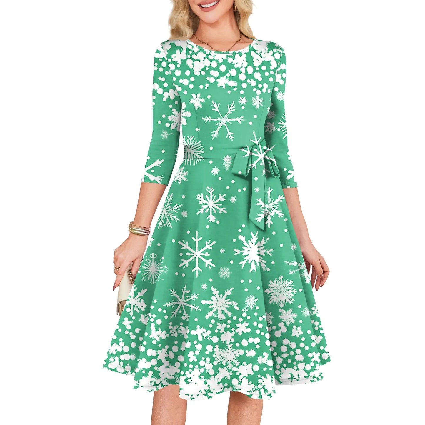 Women's A Line O Neck Polyester Dress Christmas Print Slim