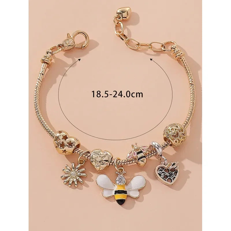 Bee Pendant Beaded Chain Bracelet Stainless Steel For Women