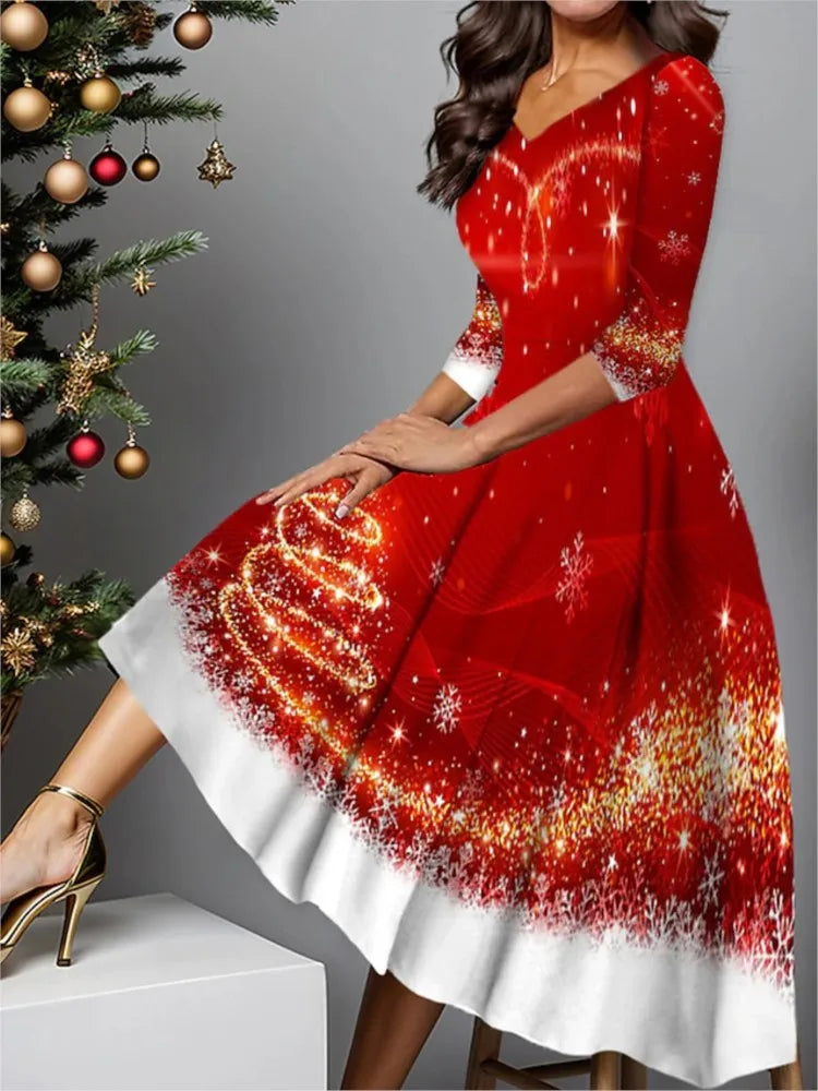 Slim V-Neck Snowflake Print Polyester Dress Womens