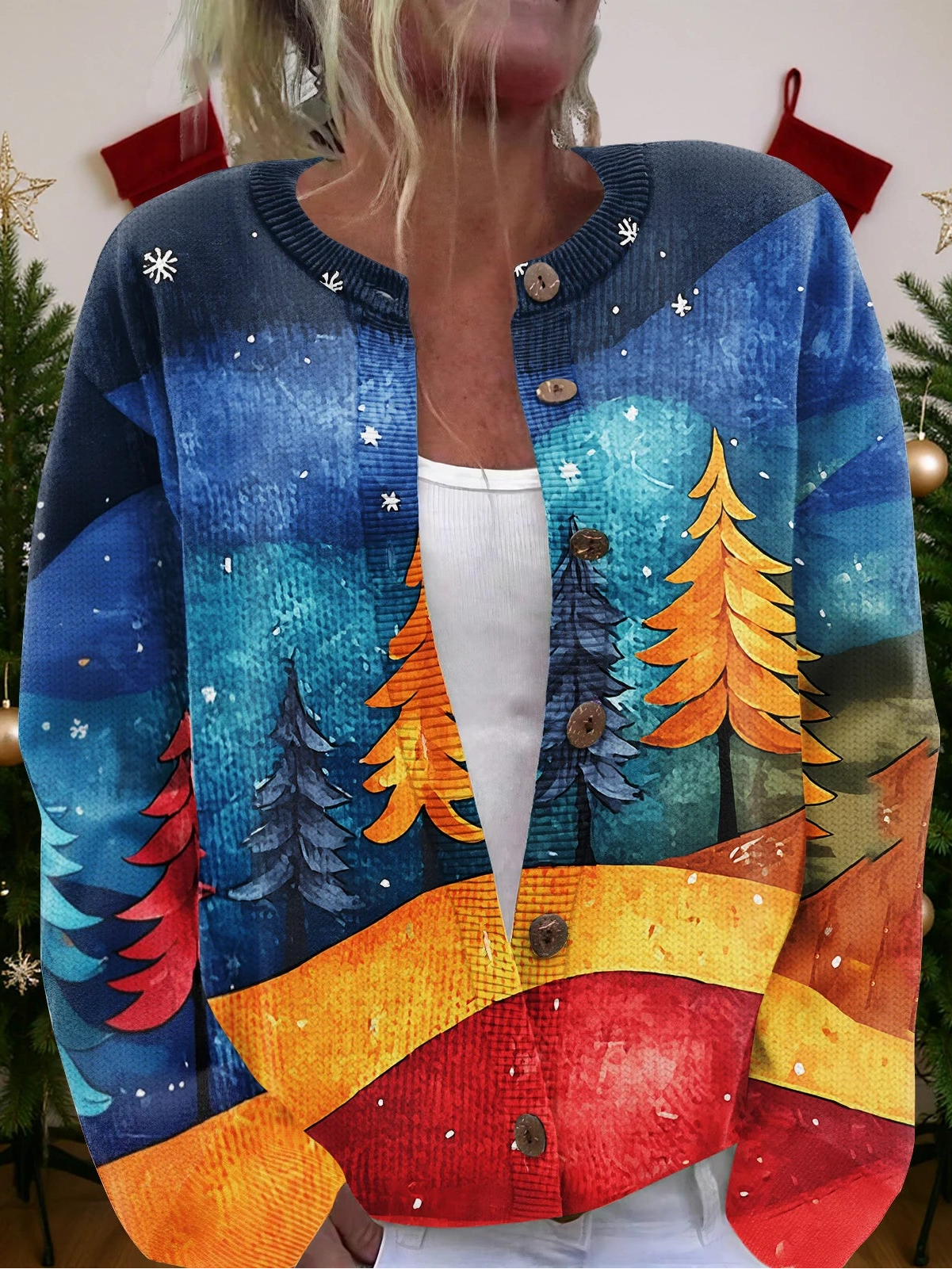 Artistic Christmas Printed Knitted Cardigan