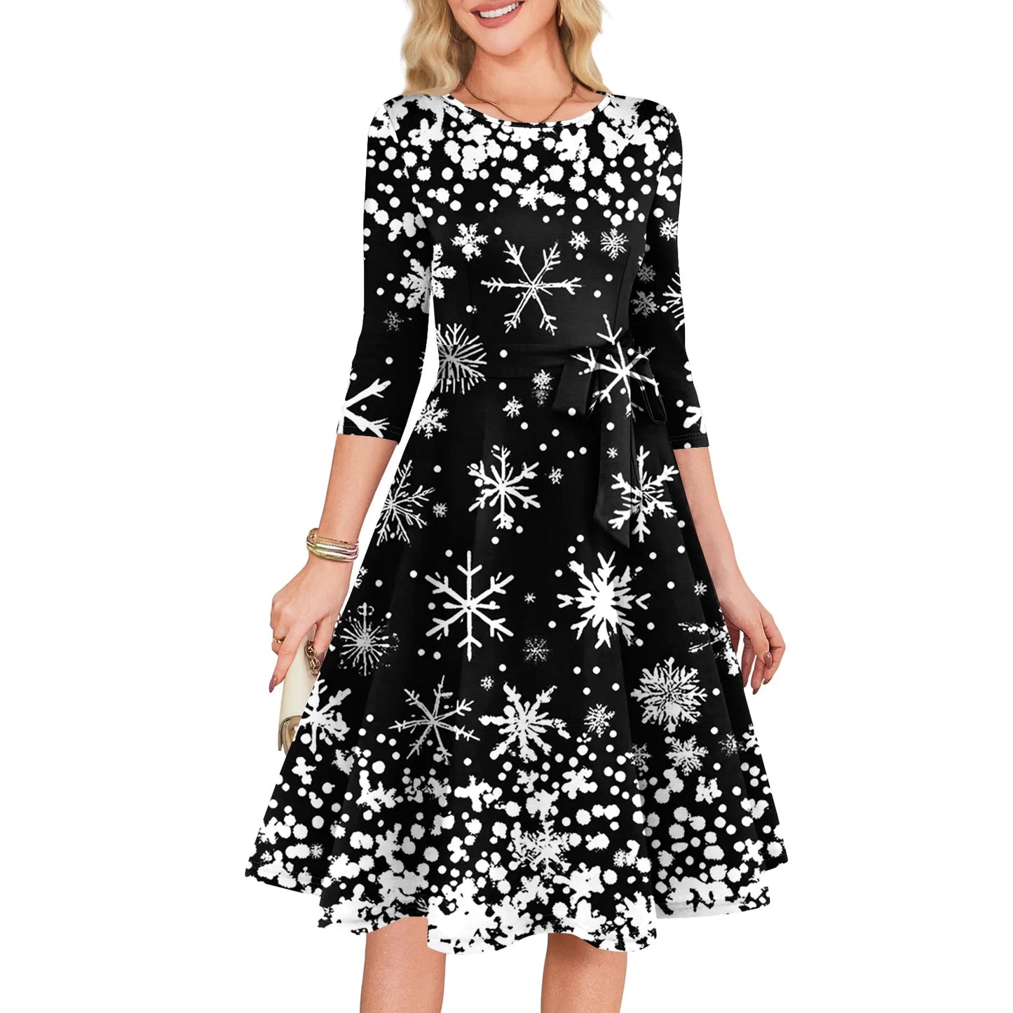 Women's A Line O Neck Polyester Dress Christmas Print Slim
