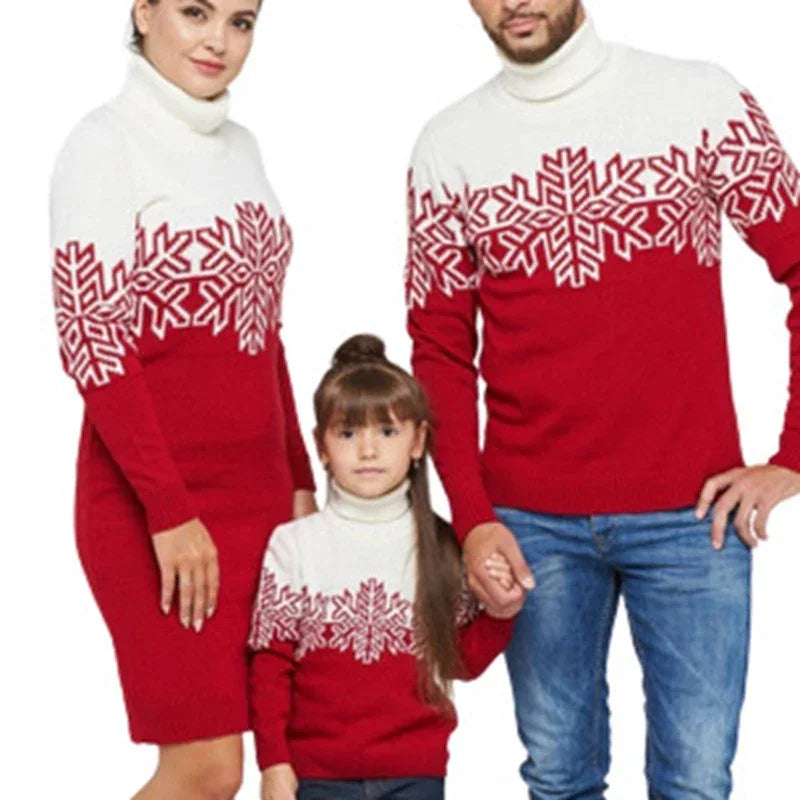 Family Matching Snowflake Wool Knit Turtleneck Relaxed Fit Sweater