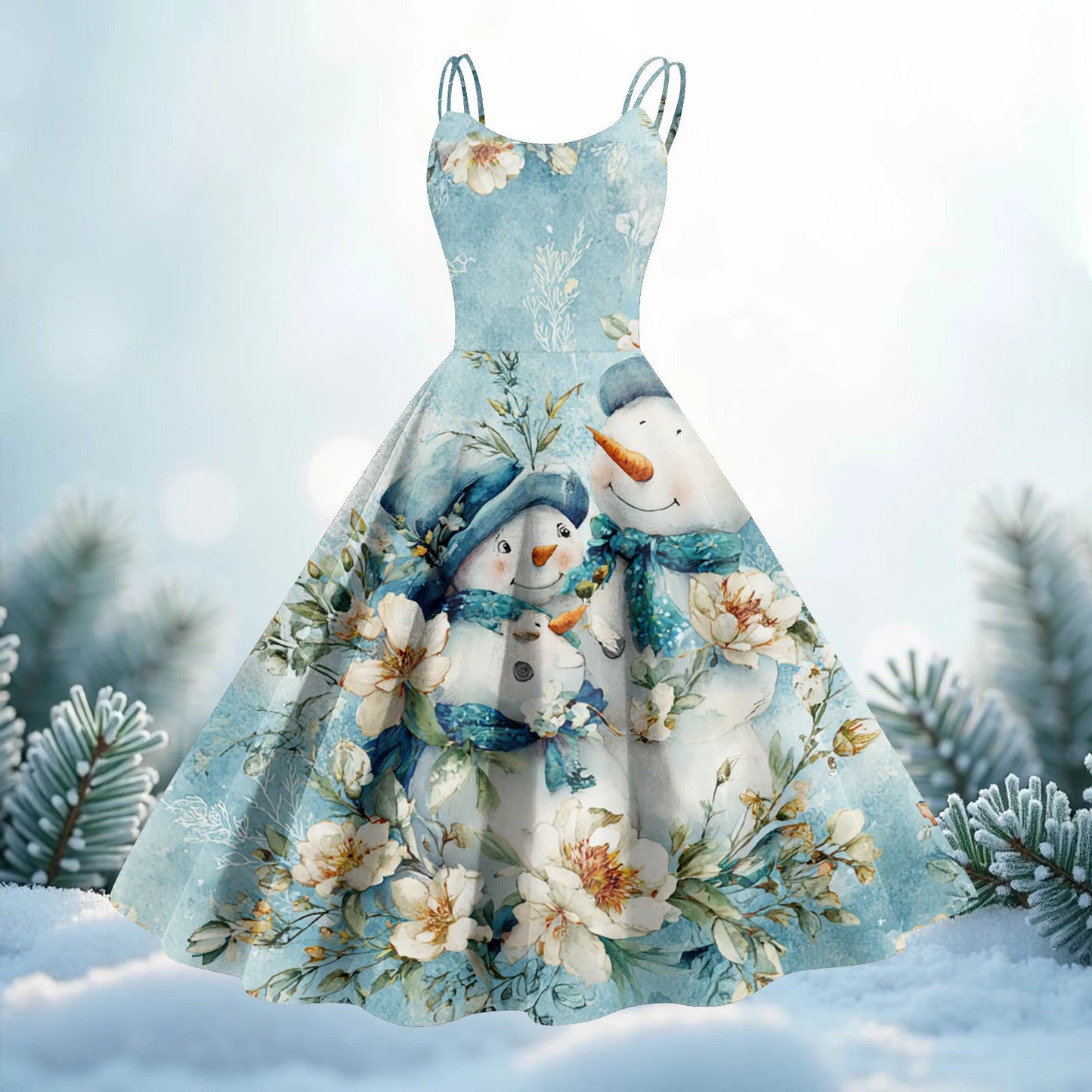 Women Christmas Print Spaghetti Strap Polyester Dress