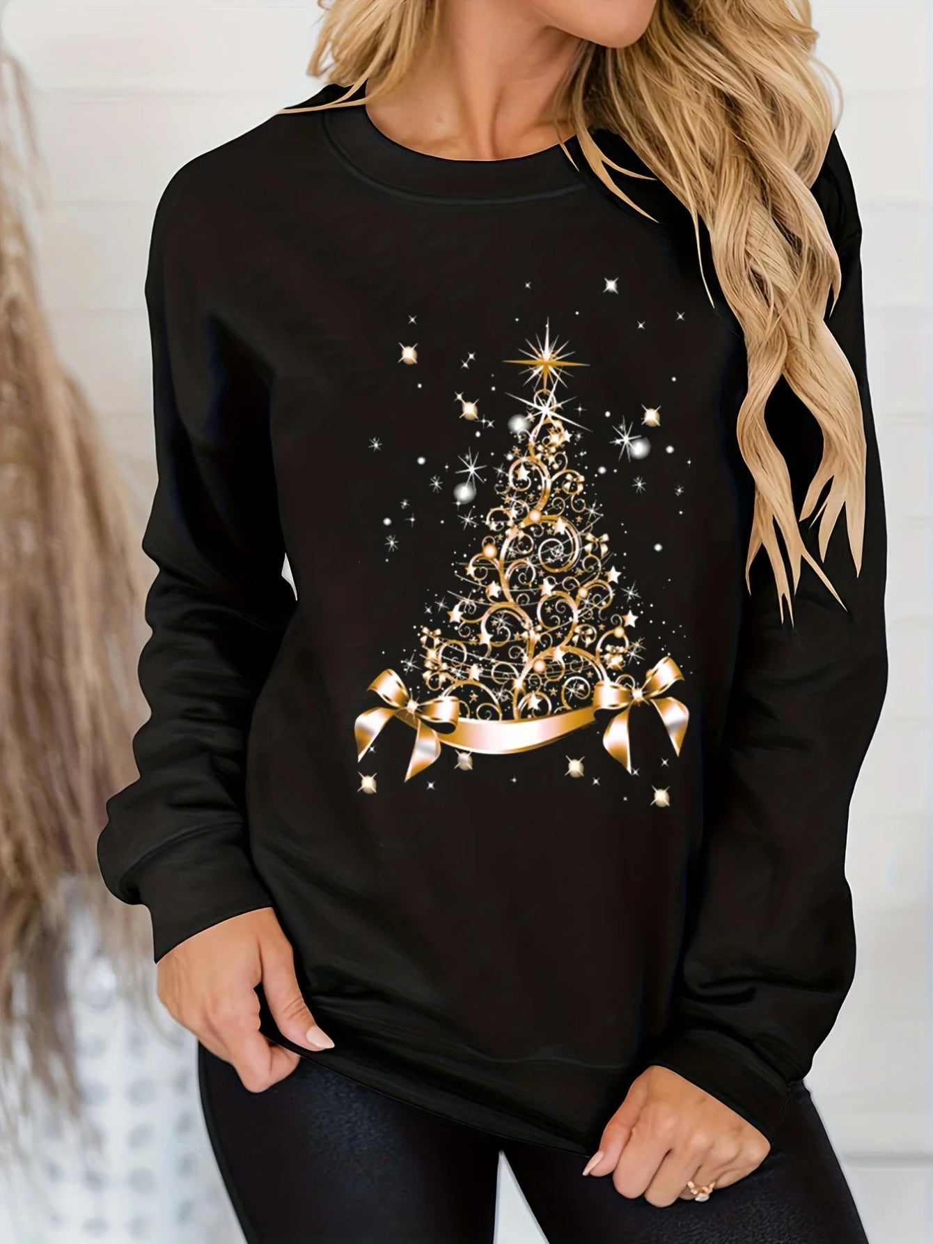 Christmas Printed Loose Knit Sweater Top Long Sleeve Winter Black Casual