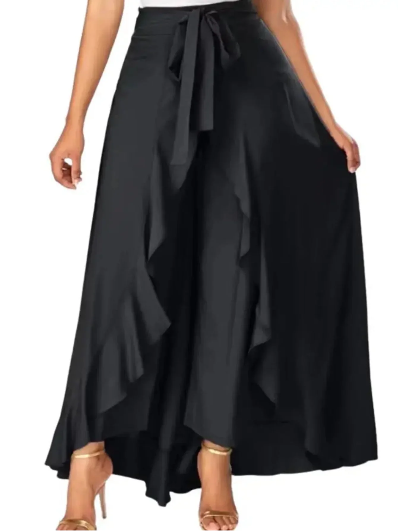 Elegant High Waist Lace Up Chiffon Dress Pants With Ruffle Details