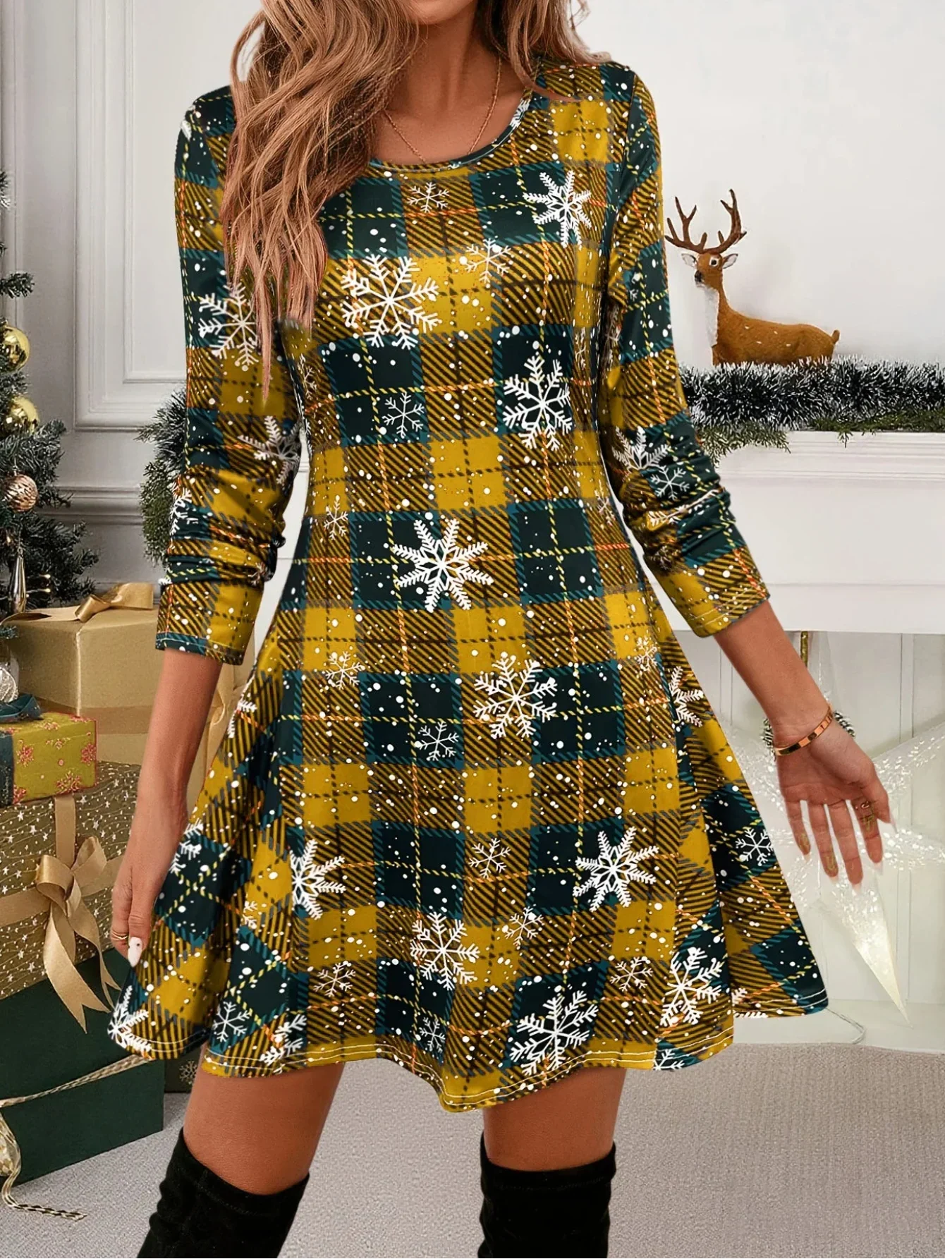 Snowflake Plaid Printed Christmas Dress