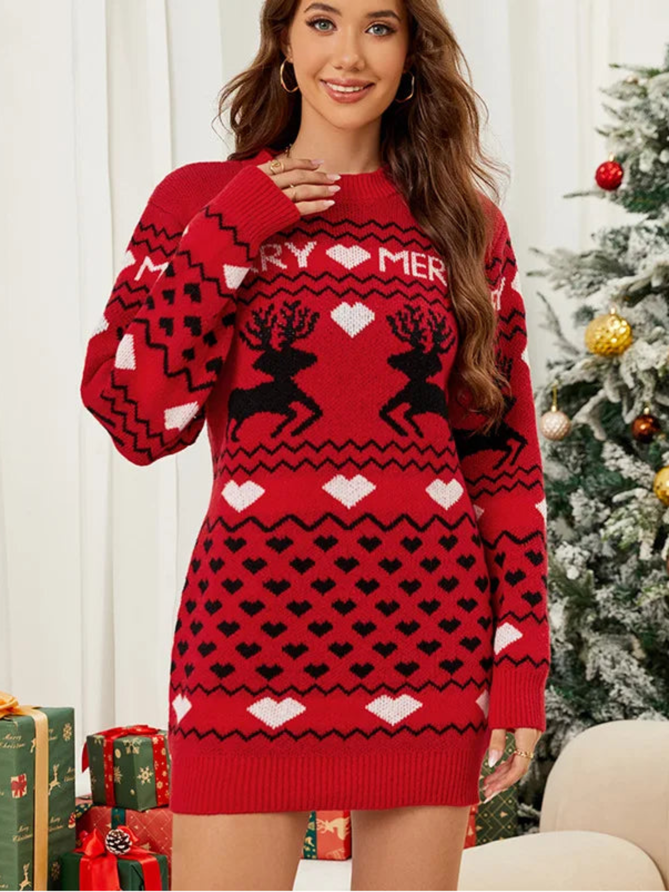 Winter Elk Print Long Christmas Sweater