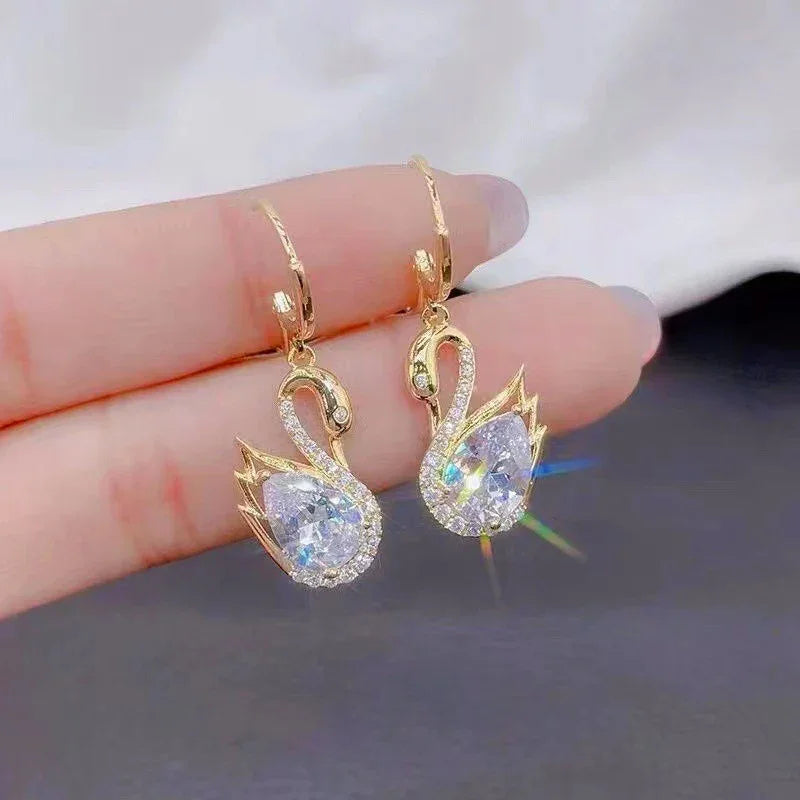 Gold Rhinestone Swan Pendant Earrings Fashion Jewelry