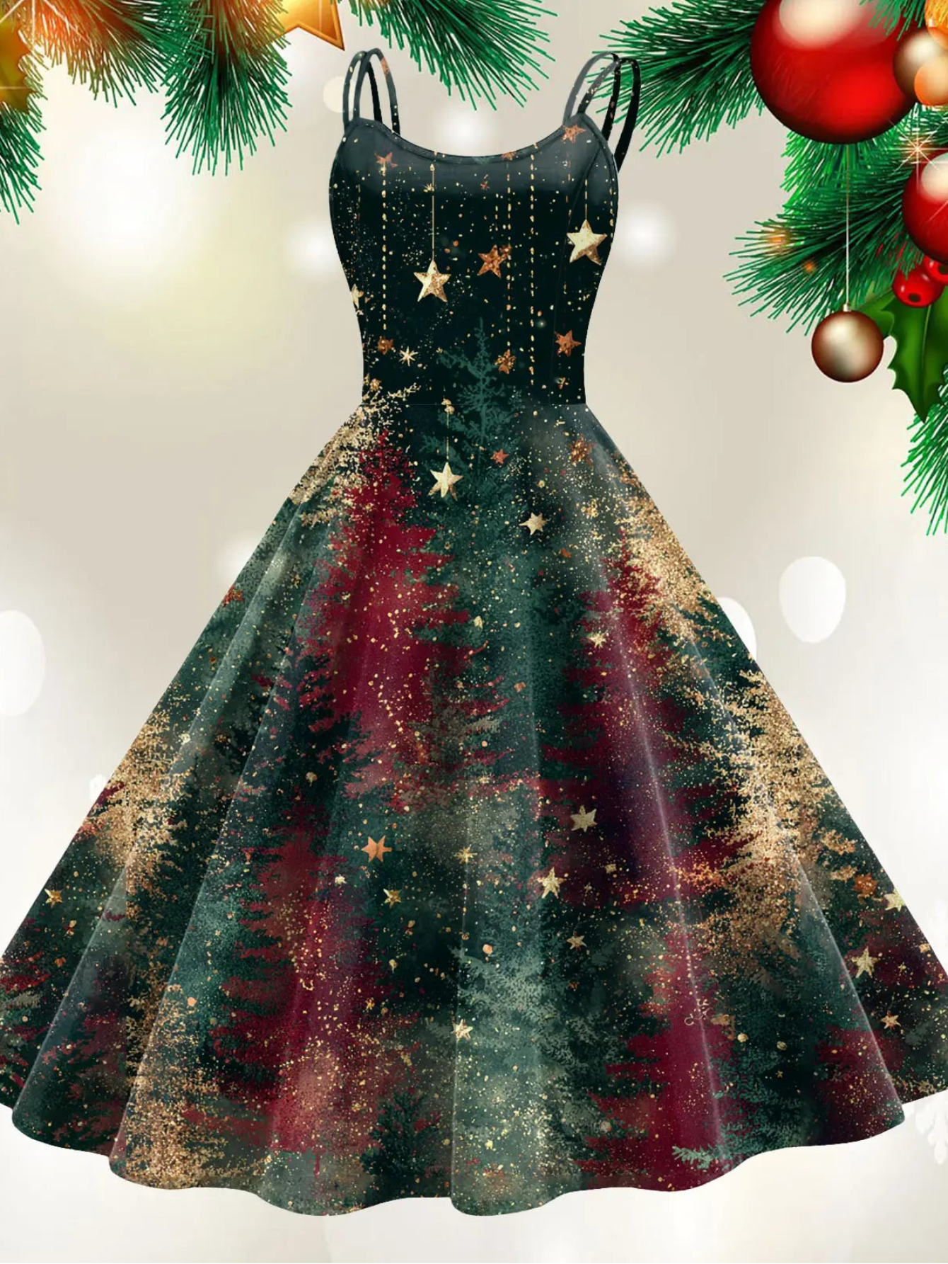Retro Paint Print Christmas Tree Sleeveless Midi Dress