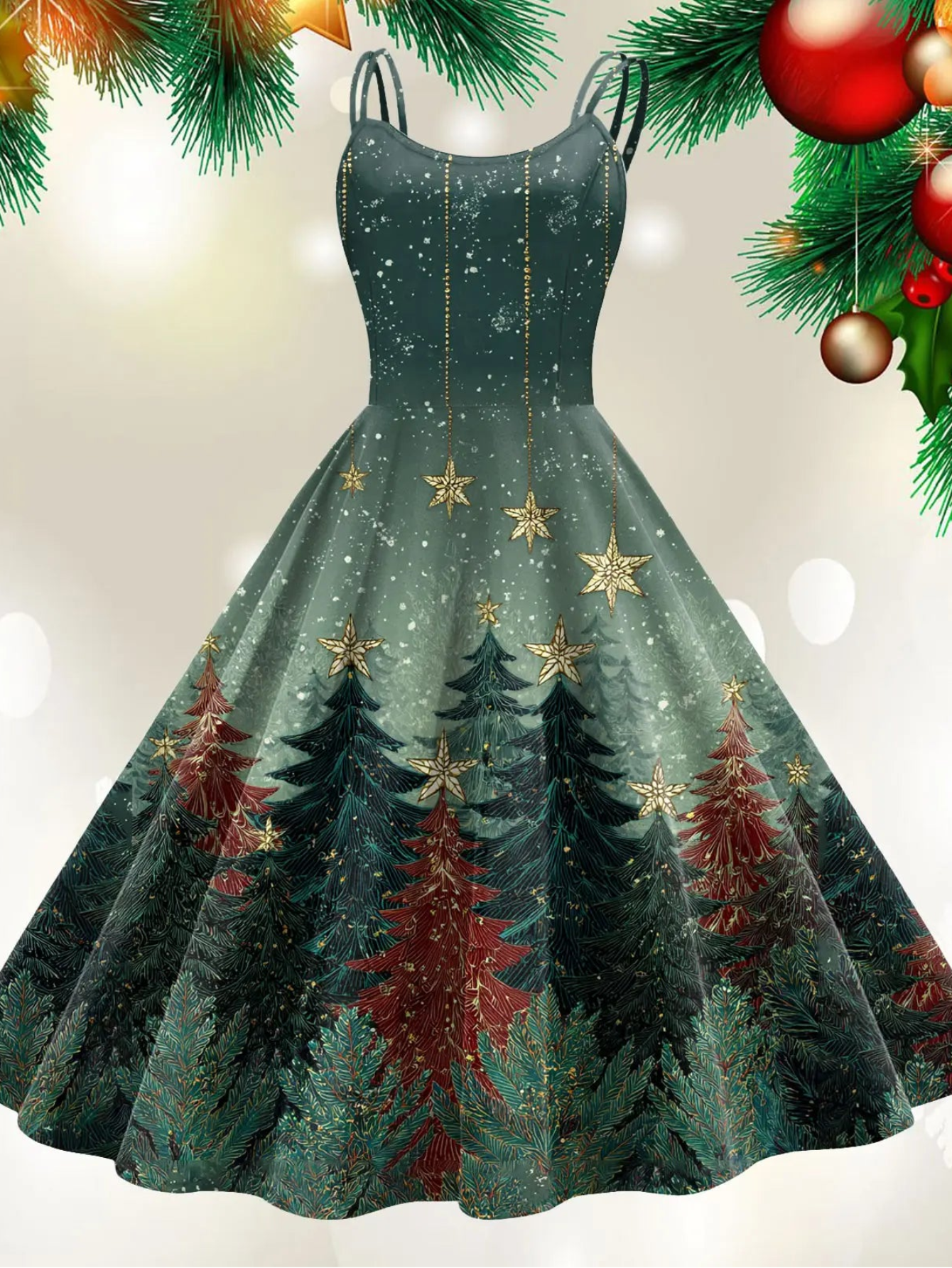Retro Paint Print Christmas Tree Sleeveless Midi Dress