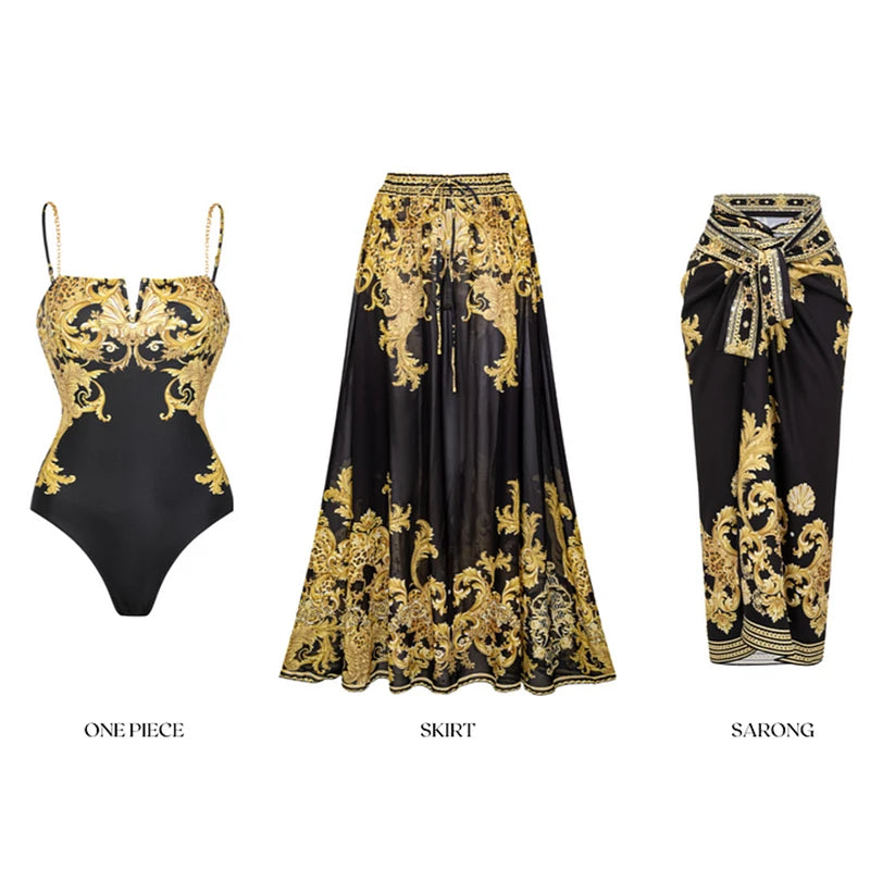 Vintage Baroque Print V-Neck One-Piece Swimsuit – Chain Detail Monokini