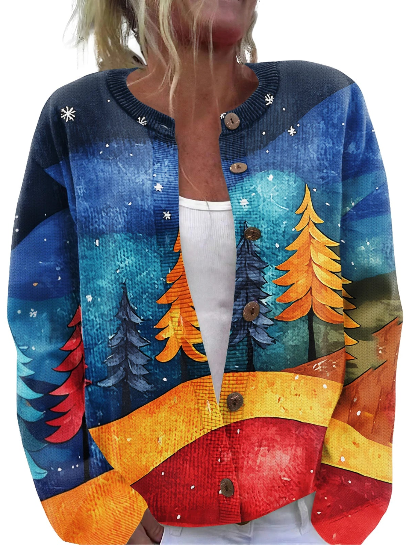 Artistic Christmas Printed Knitted Cardigan