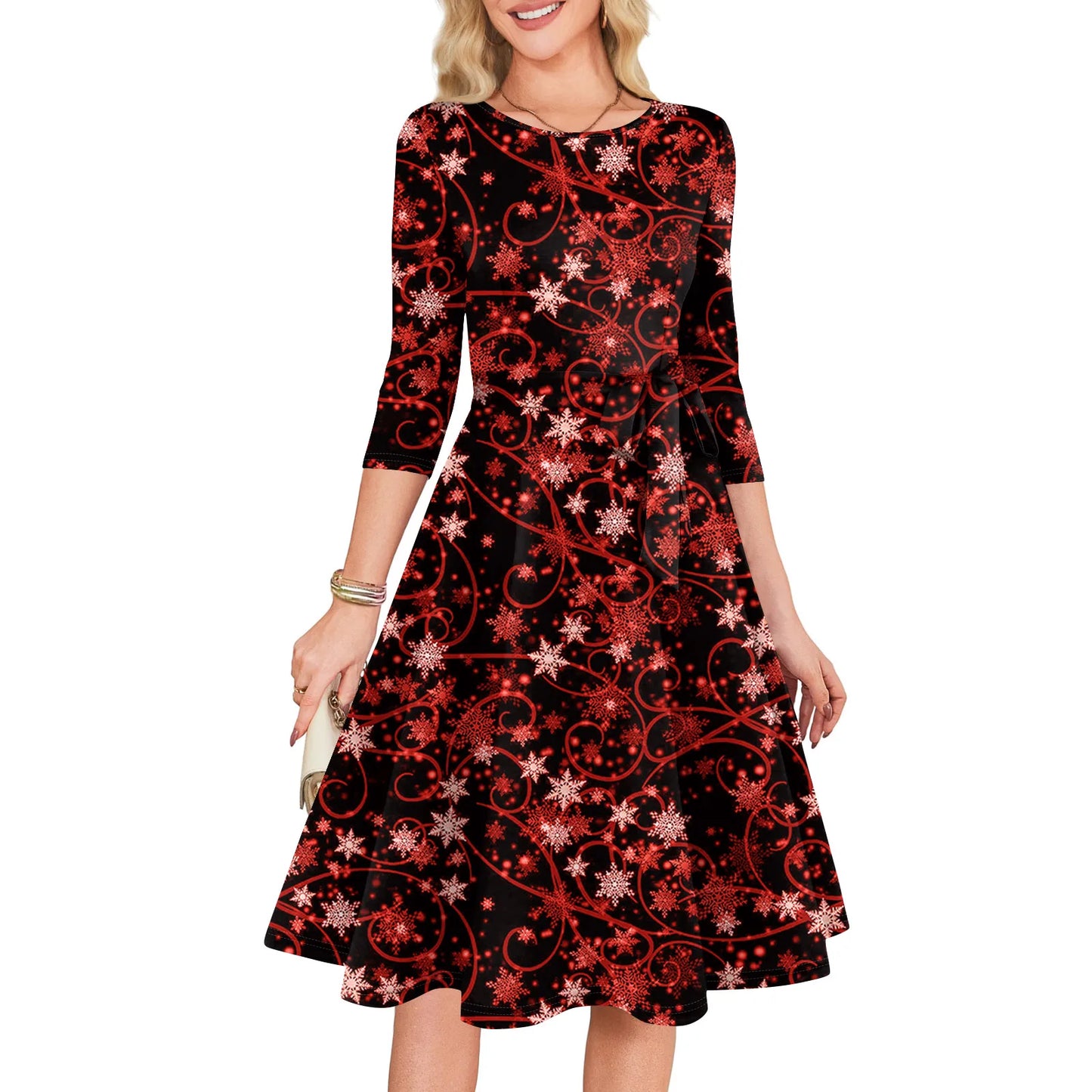 Women's A Line O Neck Polyester Dress Christmas Print Slim
