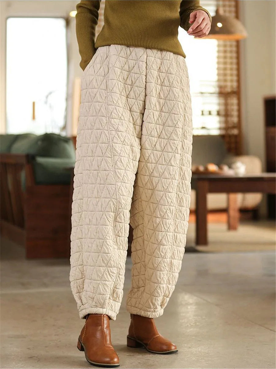 Womens Loose Quilted Cotton Harem Pants Solid High Waist